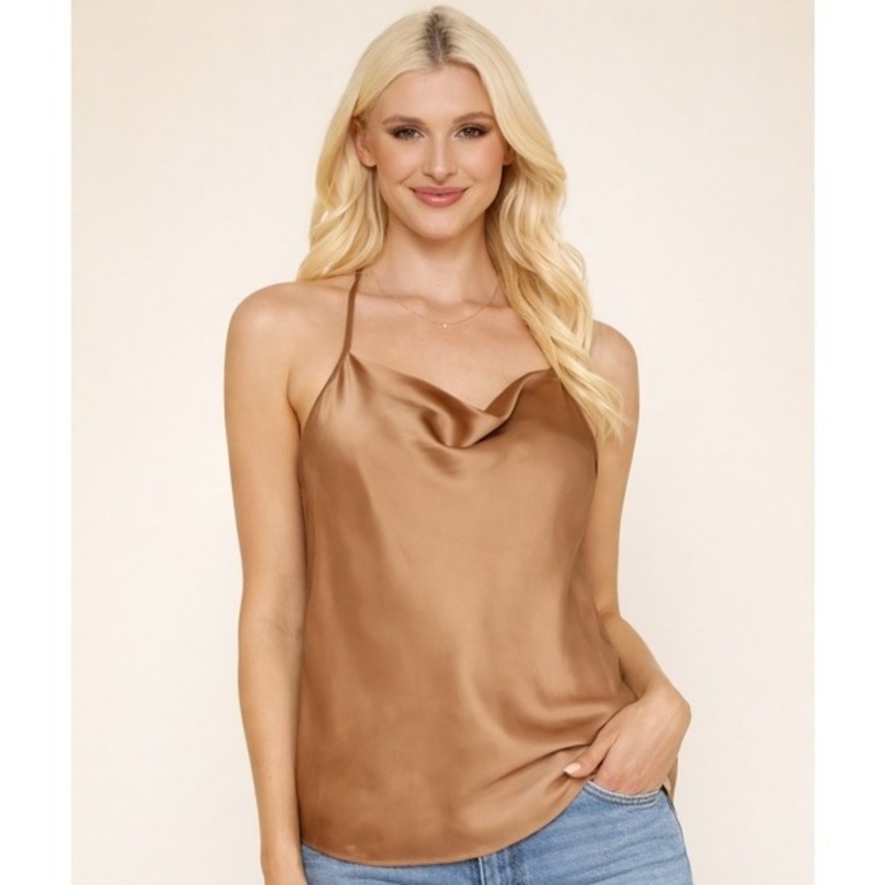 Pleione Cowl Neck Cami Satin Triple Strap Racerback Top L Bronze WLA511570